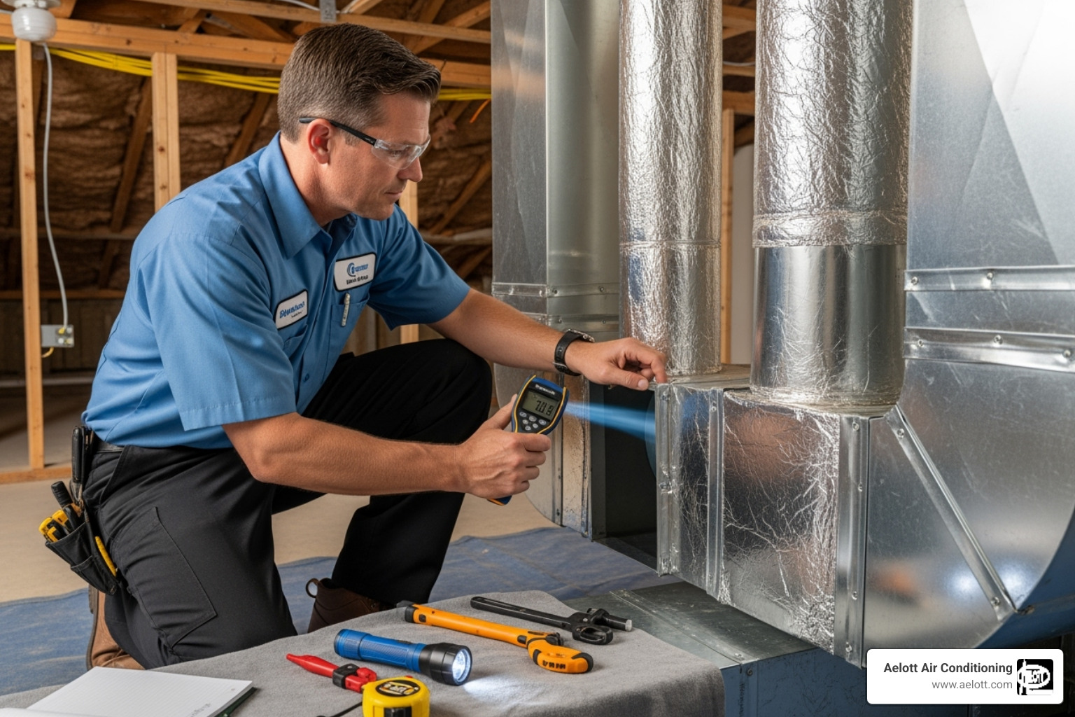 HVAC technician performing a home assessment, measuring and inspecting ductwork - hvac installation encinitas ca