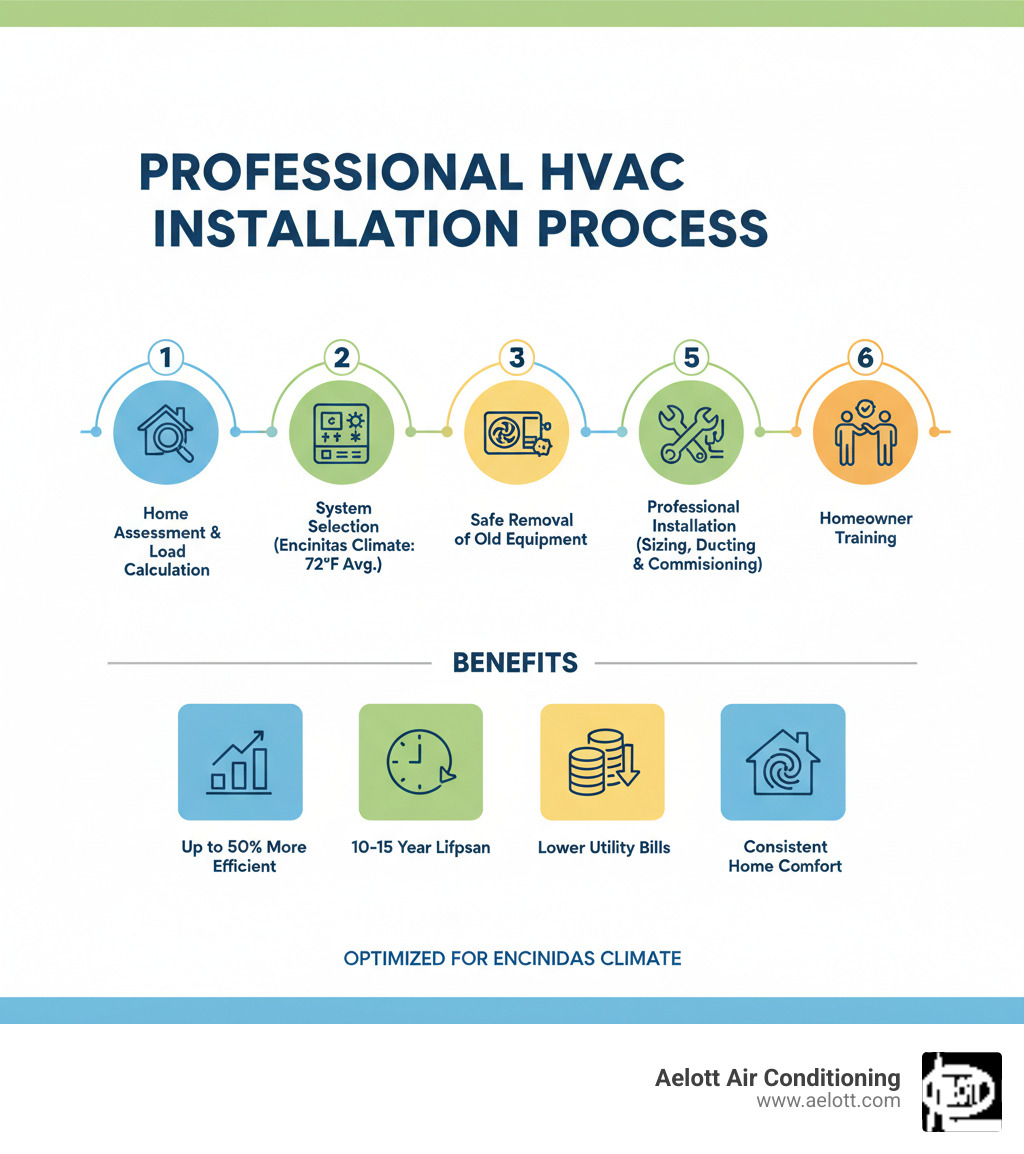 Infographic showing the professional HVAC installation process: 1) Home Assessment & Load Calculation, 2) System Selection Based on Encinitas Climate (mild 72°F average, cooling-focused with occasional heating), 3) Safe Removal of Old Equipment, 4) Professional Installation with Proper Sizing, Ductwork Modifications, and Electrical Connections, 5) System Testing & Commissioning, 6) Homeowner Training. Benefits highlighted: Up to 50% more efficient than old systems, 10-15 year lifespan, lower utility bills, consistent comfort throughout home. - hvac installation encinitas ca infographic 