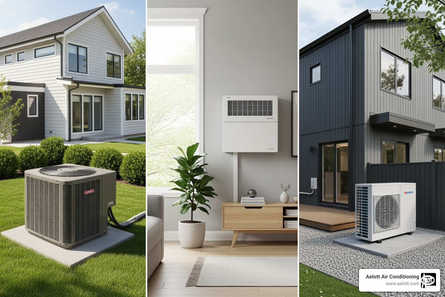 different types of HVAC systems like a central unit, a ductless mini-split, and a heat pump - hvac installation encinitas ca