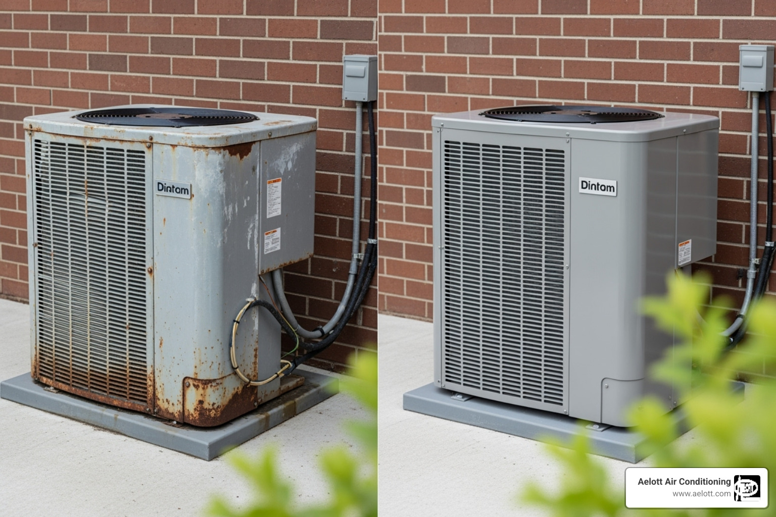 an old, inefficient outdoor AC unit contrasted with a new, sleek model - hvac installation encinitas ca