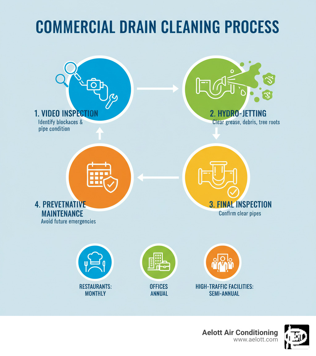 Infographic showing the flow of commercial drain cleaning process: 1. Initial video camera inspection to identify blockages and pipe condition, 2. Hydro-jetting to clear grease, debris and tree roots using high-pressure water, 3. Final inspection to confirm clear pipes, 4. Scheduled preventative maintenance plan to avoid future emergencies. Icons show restaurants needing monthly service, offices needing annual service, and high-traffic facilities needing semi-annual service. - commercial drain cleaning poway ca infographic 