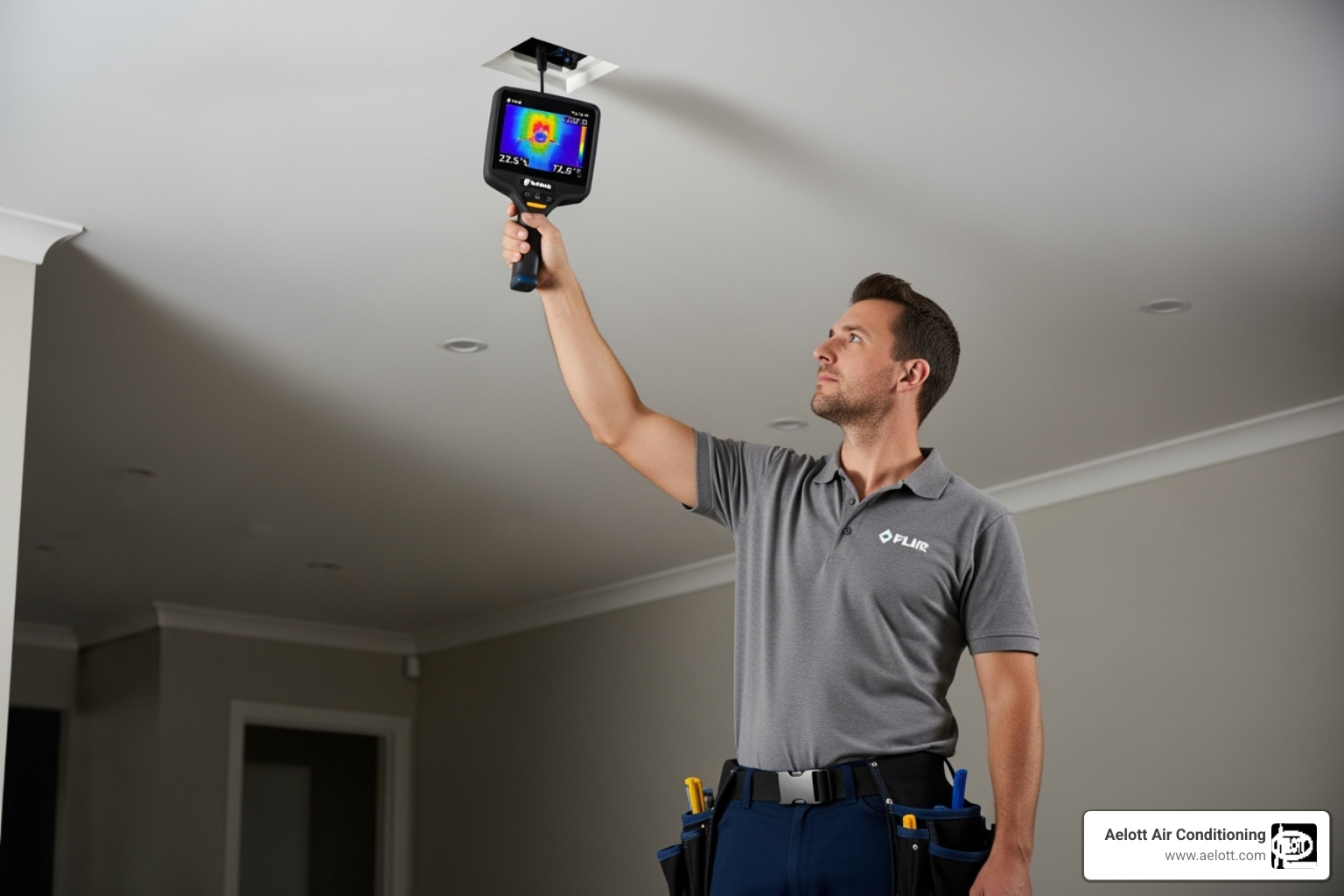 a technician using an infrared camera for leak detection - ceiling leak repair rancho bernardo ca