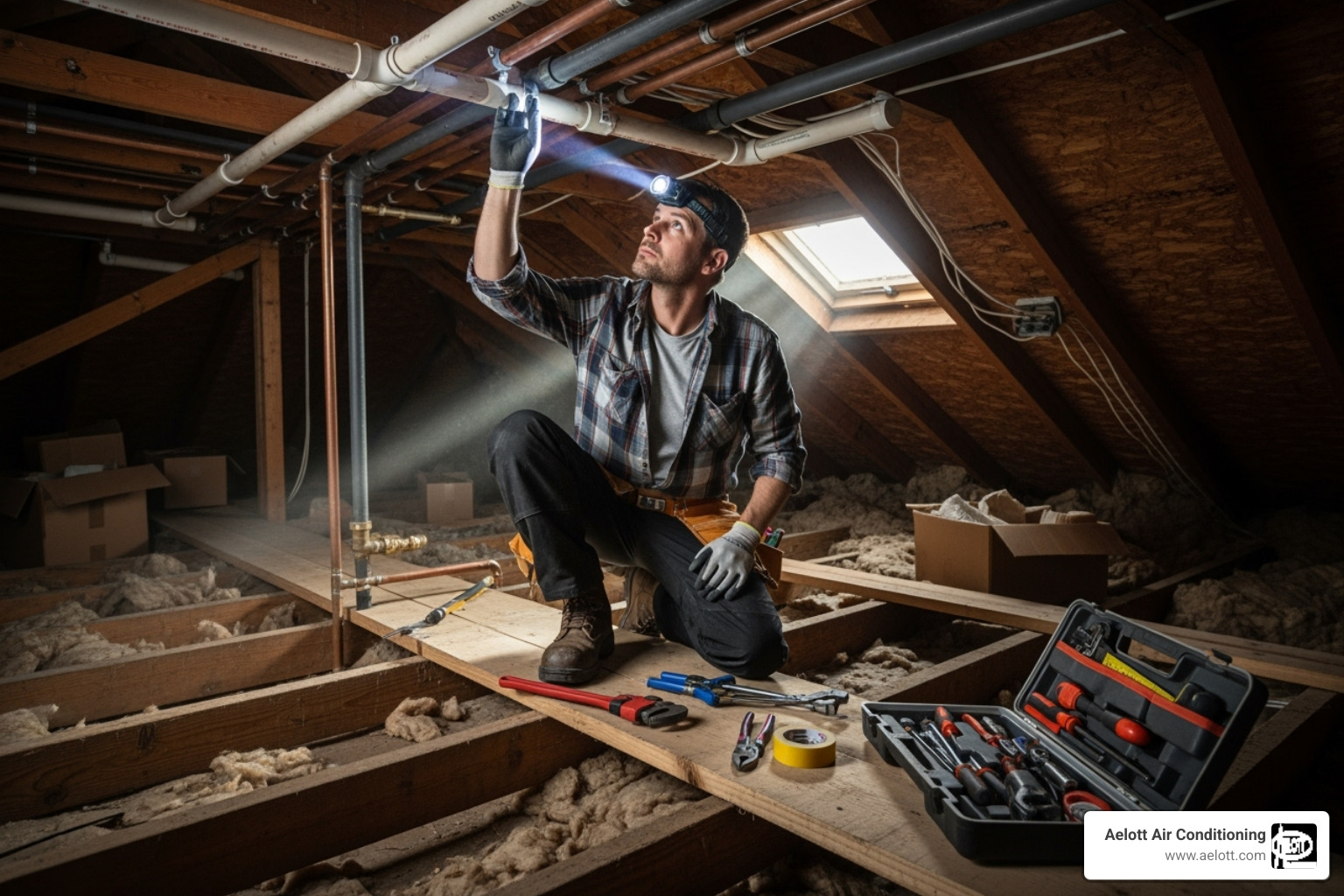 a plumber inspecting pipes in an attic space - ceiling leak repair rancho bernardo ca