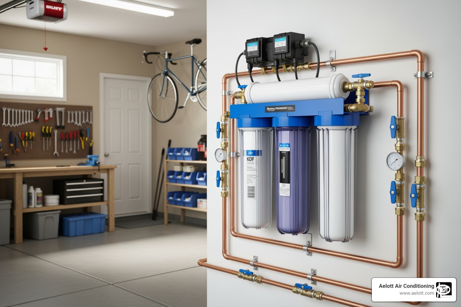of a whole-house water filtration system installed in a garage - corroded pipe replacement rancho bernardo ca