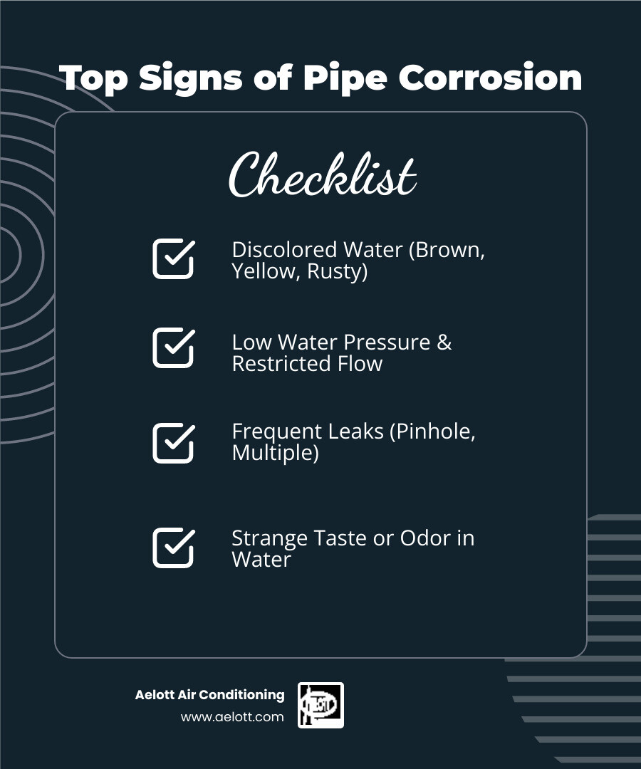 Infographic showing the top 5 signs of pipe corrosion: discolored brown or rusty water flowing from a tap, a pressure gauge showing low water pressure, multiple water leak stains on walls and ceilings, exposed pipes with visible rust and flaking metal, and a glass of water with metallic particles and unpleasant odor indicators - corroded pipe replacement rancho bernardo ca infographic checklist-dark-blue