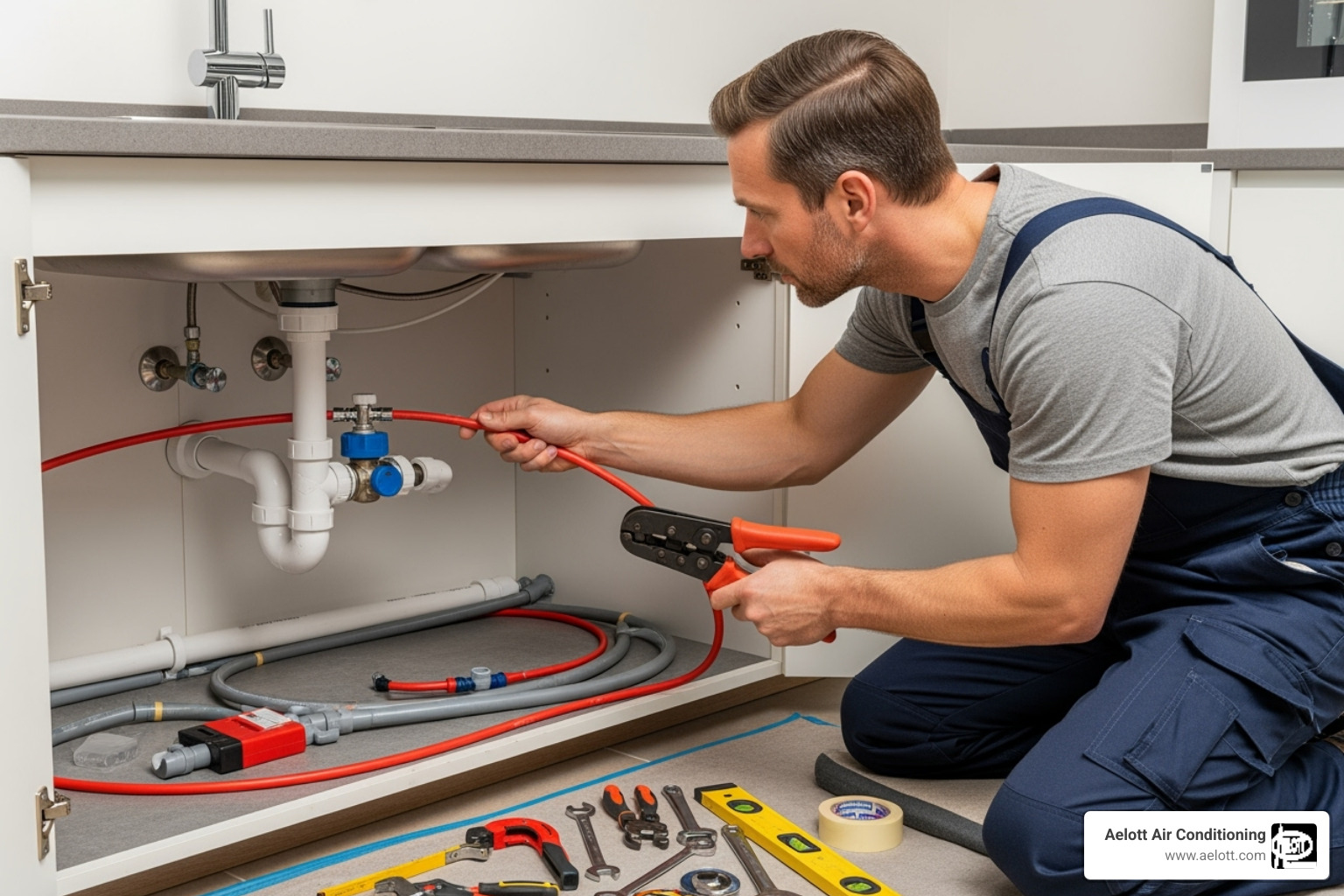 of a professional plumber carefully working on new pipes under a sink - corroded pipe replacement rancho bernardo ca