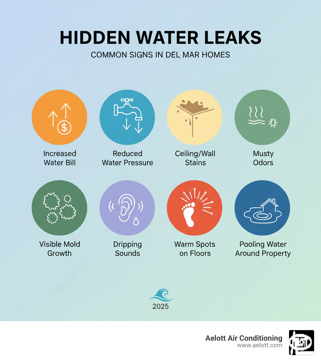 Infographic showing common signs of hidden water leaks including unexplained water bill increases, reduced water pressure, water stains on ceilings and walls, musty odors, visible mold growth, sounds of dripping water inside walls, warm spots on floors, and pooling water around the property - emergency leak repair del mar ca infographic 