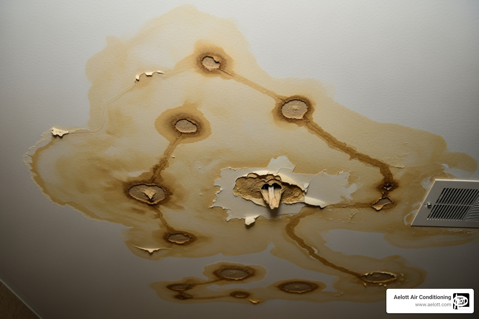 Image of water stains on a ceiling below a bathroom. - emergency leak repair del mar ca