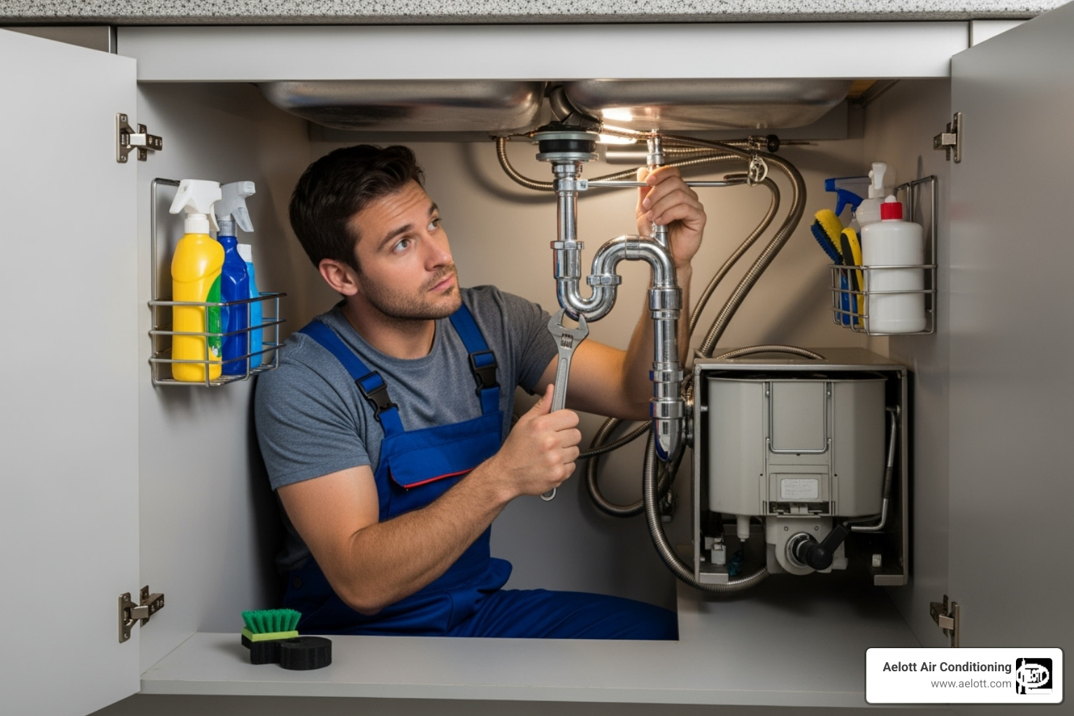 Image of a plumber working on a pipe under a kitchen sink. - emergency leak repair del mar ca
