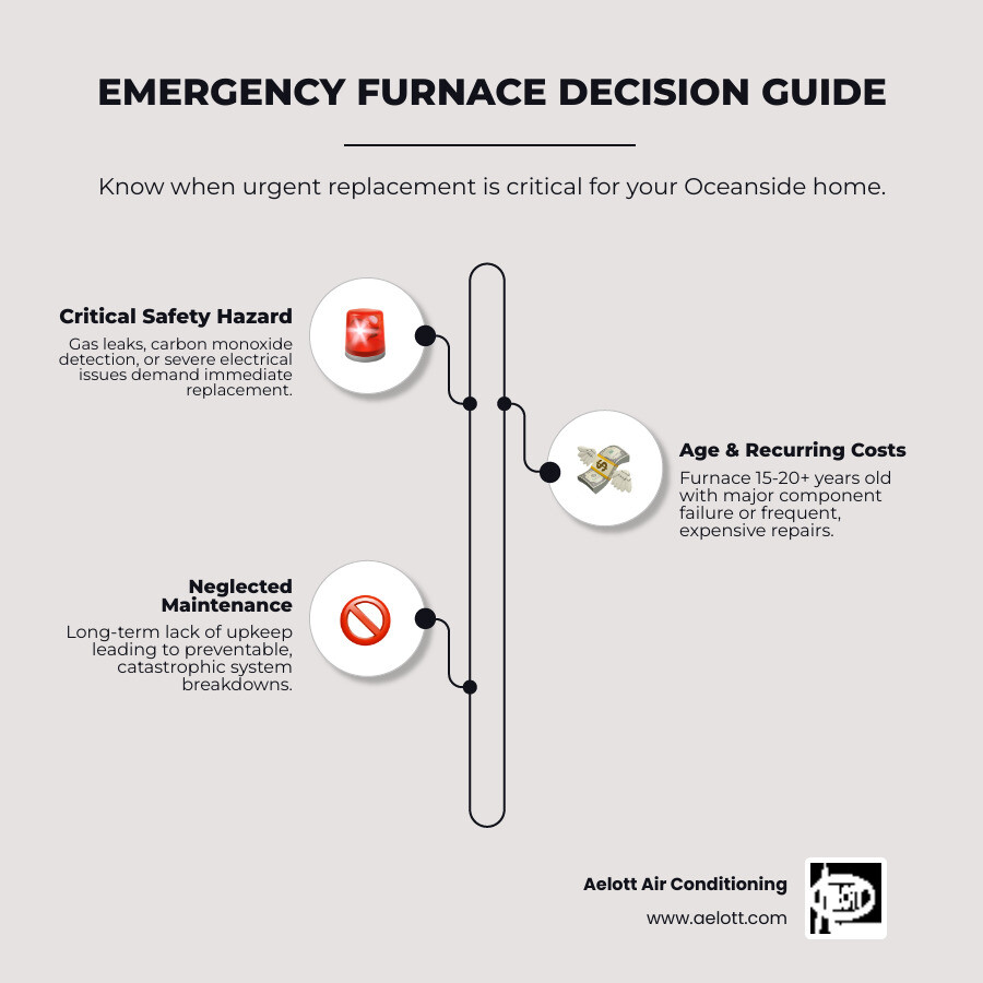 Infographic showing the decision tree for emergency furnace replacement: safety hazards at top (carbon monoxide, gas leaks, electrical issues) leading to immediate replacement; system age and repair costs in middle section leading to cost-benefit analysis; and maintenance neglect at bottom leading to preventable failures - emergency furnace replacement in oceanside, ca infographic infographic-line-3-steps-elegant_beige