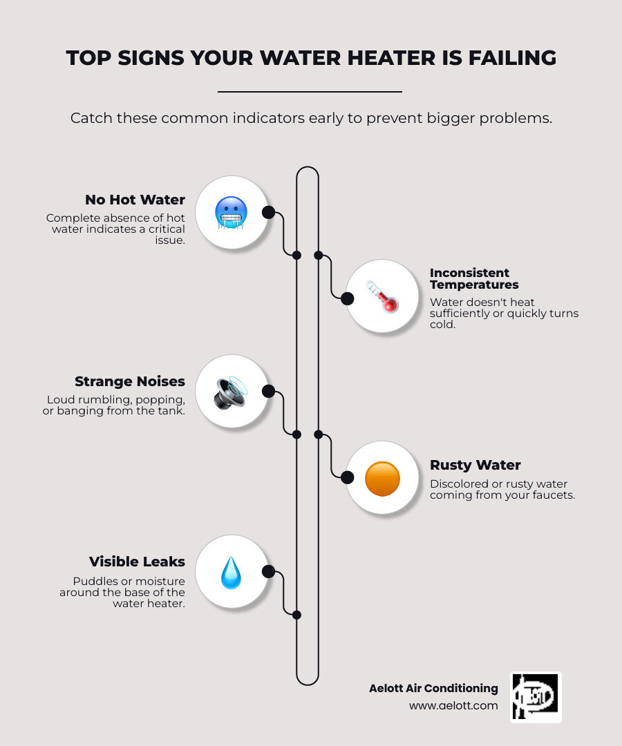 Infographic showing the 7 most common signs your water heater needs repair: 1) No hot water at all, 2) Water doesn't get hot enough or cools quickly, 3) Rumbling, popping, or banging noises from tank, 4) Rusty or discolored water from faucets, 5) Visible leaks or puddles near unit, 6) Weak water pressure throughout home, 7) Unit is over 10 years old with increasing issues - water heater repair oceanside ca infographic infographic-line-5-steps-elegant_beige
