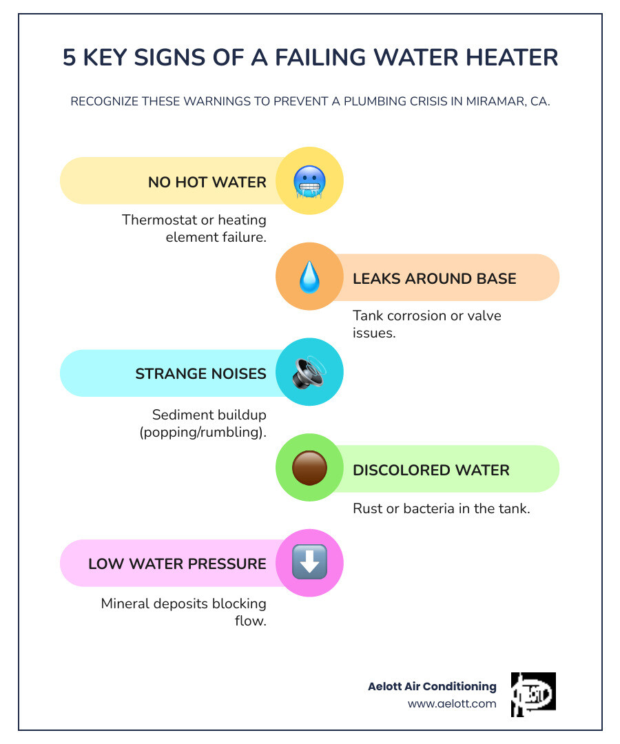 Infographic showing 5 key signs of a failing water heater: 1) No Hot Water - thermostat or heating element failure, 2) Leaks Around Base - tank corrosion or valve issues, 3) Strange Noises - sediment buildup causing popping or rumbling, 4) Discolored or Smelly Water - rust or bacteria in tank, 5) Low Water Pressure - mineral deposits blocking flow - 24 hour water heater repair in miramar, ca infographic infographic-line-5-steps-colors