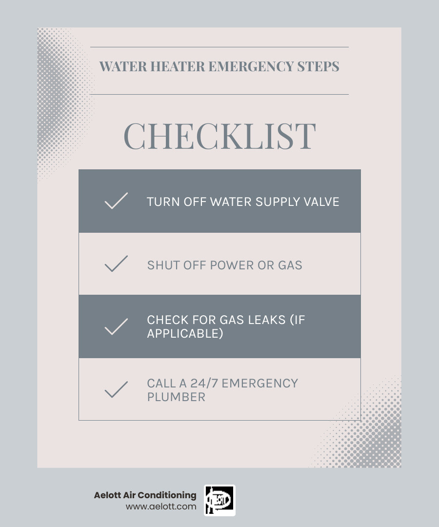 Infographic showing four emergency response steps: 1. Turn off water supply valve, 2. Shut off power or gas, 3. Check for gas leaks if applicable, 4. Call 24-hour emergency plumber. Includes icons for water valve, circuit breaker, gas meter, and phone with 'Ramona, CA average response time: under 60 minutes' notation - emergency water heater repair in ramona, ca infographic checklist-light-blue-grey