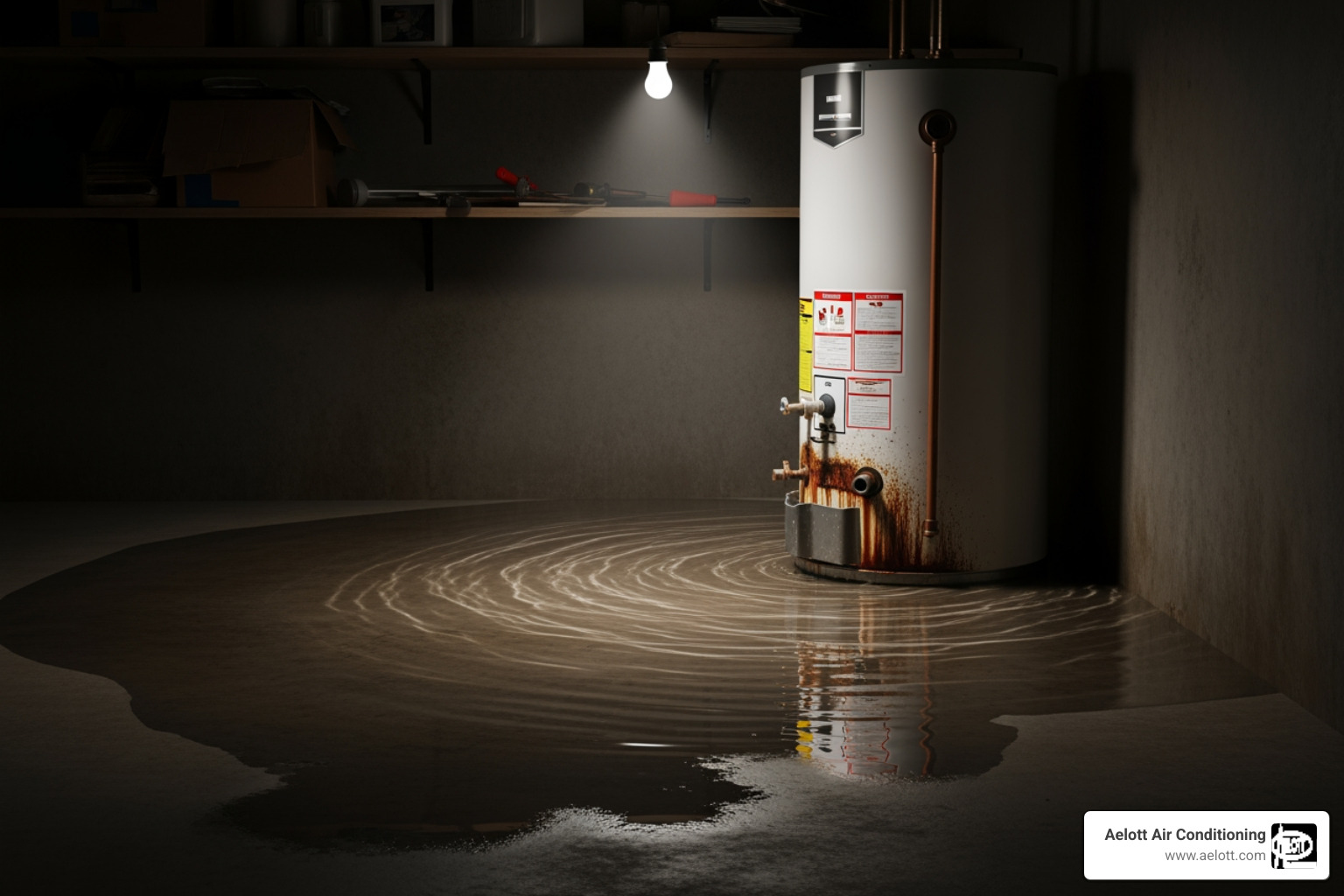 infographic showing three emergency water heater situations requiring immediate 24-hour repair: left panel shows major tank leak with water pooling and immediate shutoff instruction, center panel shows gas leak warning with evacuation steps and emergency contact numbers, right panel shows complete system failure in cold weather with frozen pipe risk and same-day service recommendation - 24 hour water heater repair in carmel mountain, ca