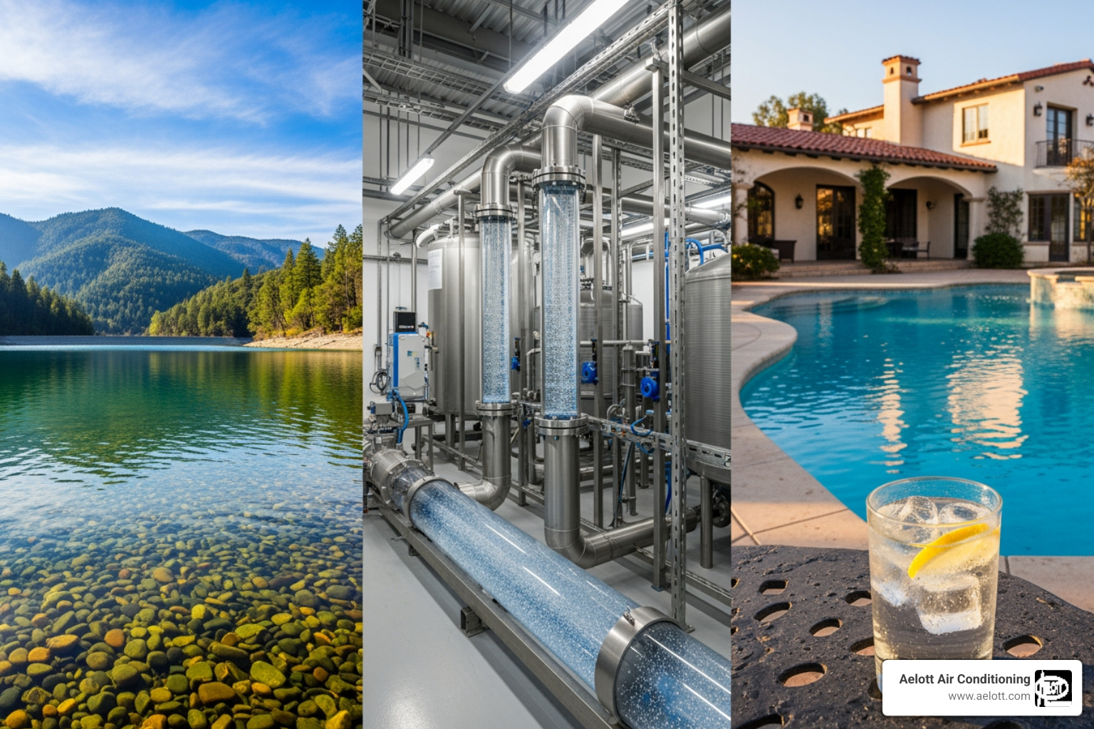 infographic showing water journey from Lake Hodges and San Dieguito Reservoir through R.E. Badger Filtration Plant to Rancho Santa Fe homes, with callouts highlighting common contaminants like chlorine, hard water minerals, sediment, and dissolved solids, plus icons showing whole-house filters, water softeners, and reverse osmosis systems as solutions - water filtration rancho santa fe ca