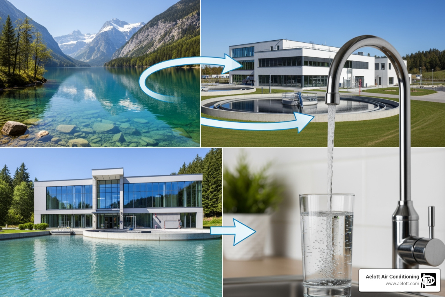 Infographic showing the journey of tap water from San Marcos water sources (Edwards Aquifer and Canyon Lake) through municipal treatment, into home pipes, and potential contamination points including mineral pickup, chlorine addition, and pipe sediment, with filtration solutions at different stages - home water filtration in san marcos, ca Infographic showing the journey of tap water from San Marcos water sources (Edwards Aquifer and Canyon Lake) through municipal treatment, into home pipes, and potential contamination points including mineral pickup, chlorine addition, and pipe sediment, with filtration solutions at different stages - home water filtration in san marcos, ca
