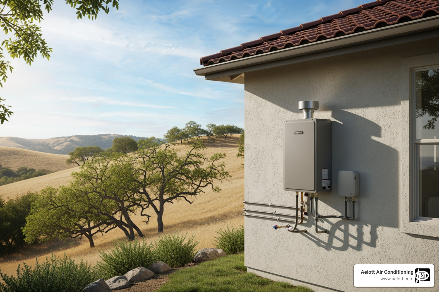 Infographic showing how a tankless water heater works: cold water enters the unit, flows through a heat exchanger powered by gas or electricity, and delivers instant hot water to your faucet without storing it in a tank - tankless water heater in valley center, ca
