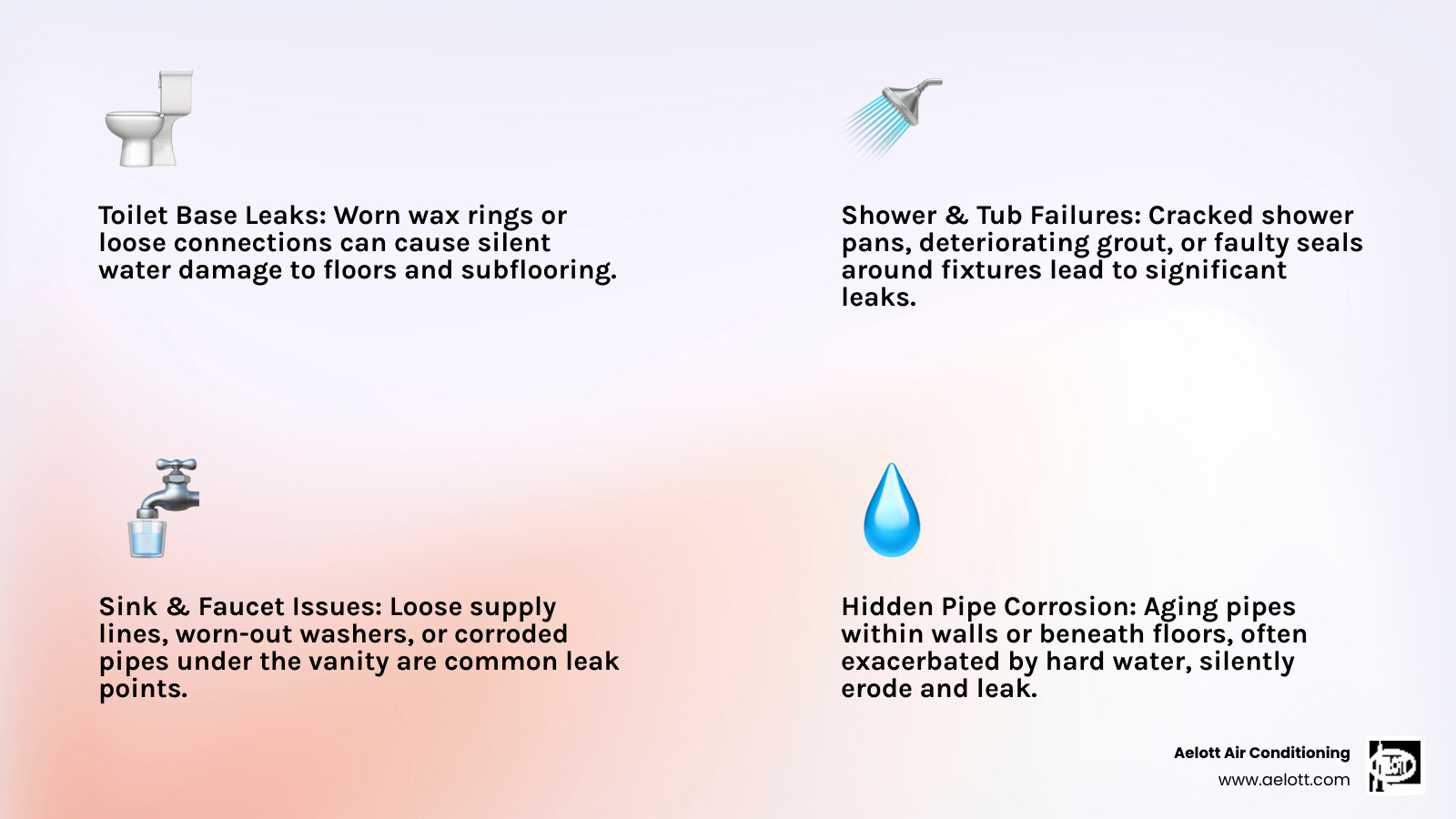 Infographic showing common sources of hidden bathroom leaks including toilet base seals, shower pan failures, corroded supply lines, leaking drain pipes, deteriorating caulk around fixtures, and pipes behind walls with moisture indicators - "I suspect a hidden water leak in my bathroom. Who offers professional bathroom leak detection in Poway, CA?" infographic 4_facts_emoji_light-gradient