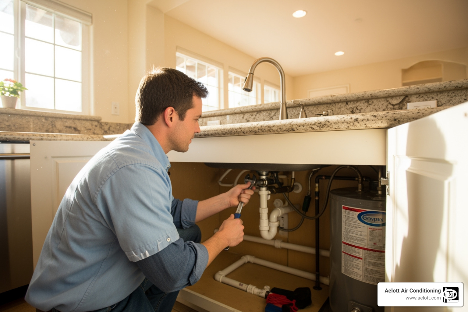 Infographic showing the top 5 most common residential plumbing issues in Valley Center homes: clogged drains from hair and grease buildup, dripping faucets caused by worn washers, water heater failures showing inconsistent temperature and strange noises, sewer line problems including tree root invasion and backups, and low water pressure due to blocked pipes or faulty regulators, with simple icons representing each issue and brief descriptions of warning signs - residential plumber valley center ca