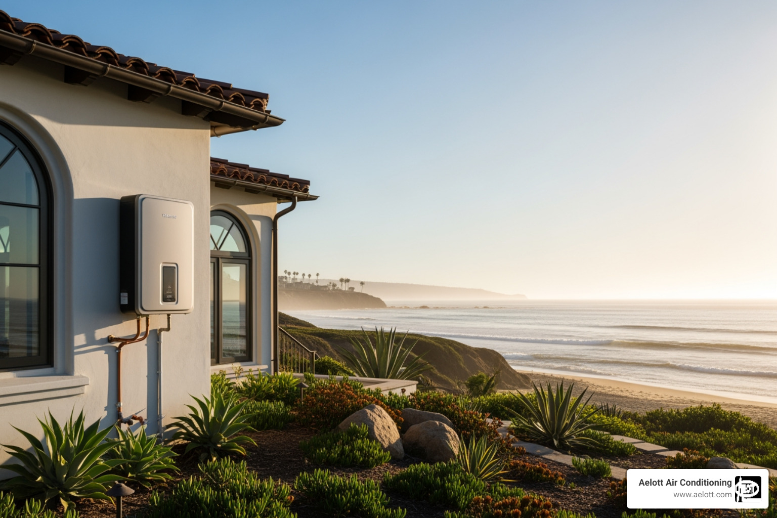 Infographic comparing traditional tank water heaters vs tankless water heaters showing side-by-side comparison of energy usage, space requirements, lifespan duration, hot water availability, and annual water waste for Del Mar California homes - tankless water heater del mar ca