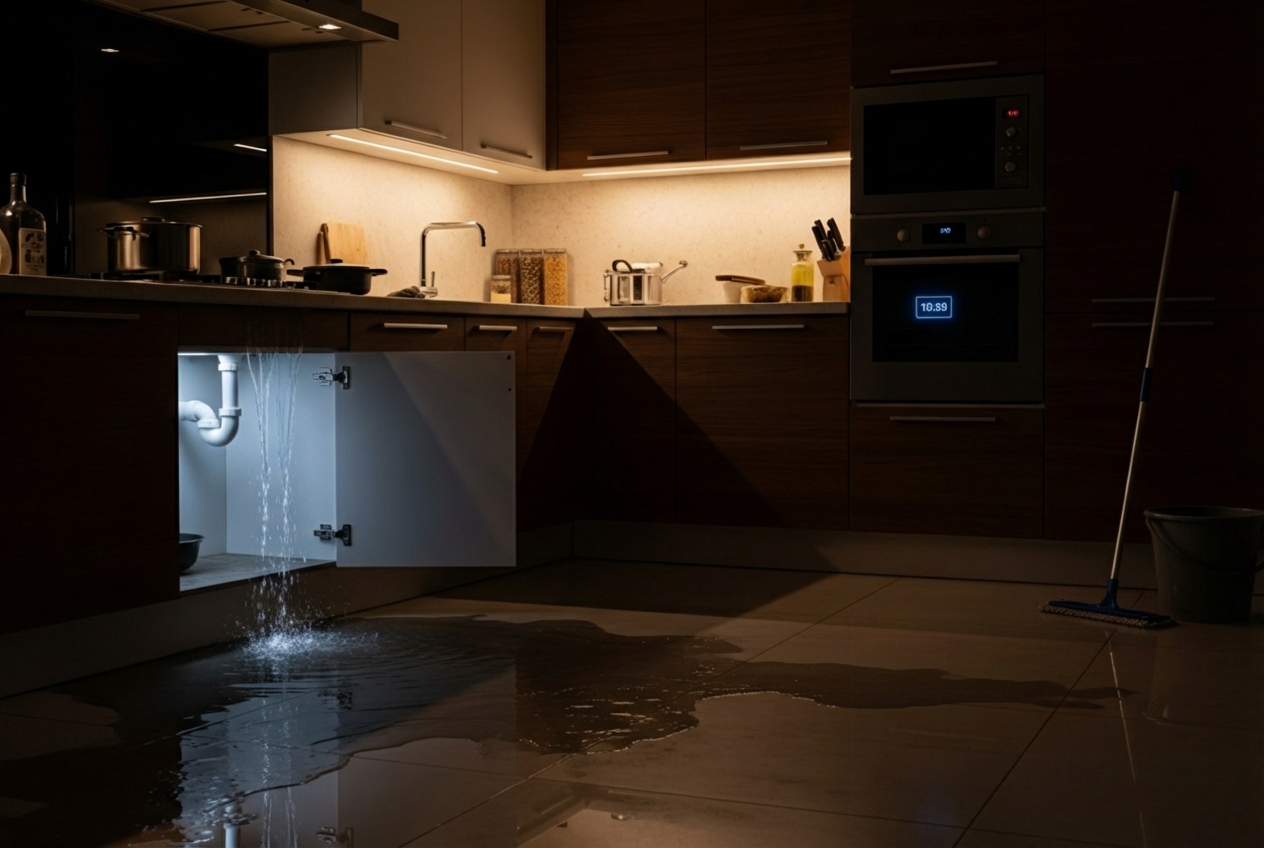 Water leak in a modern kitchen at night - 24 hour residential plumber in solana beach, ca