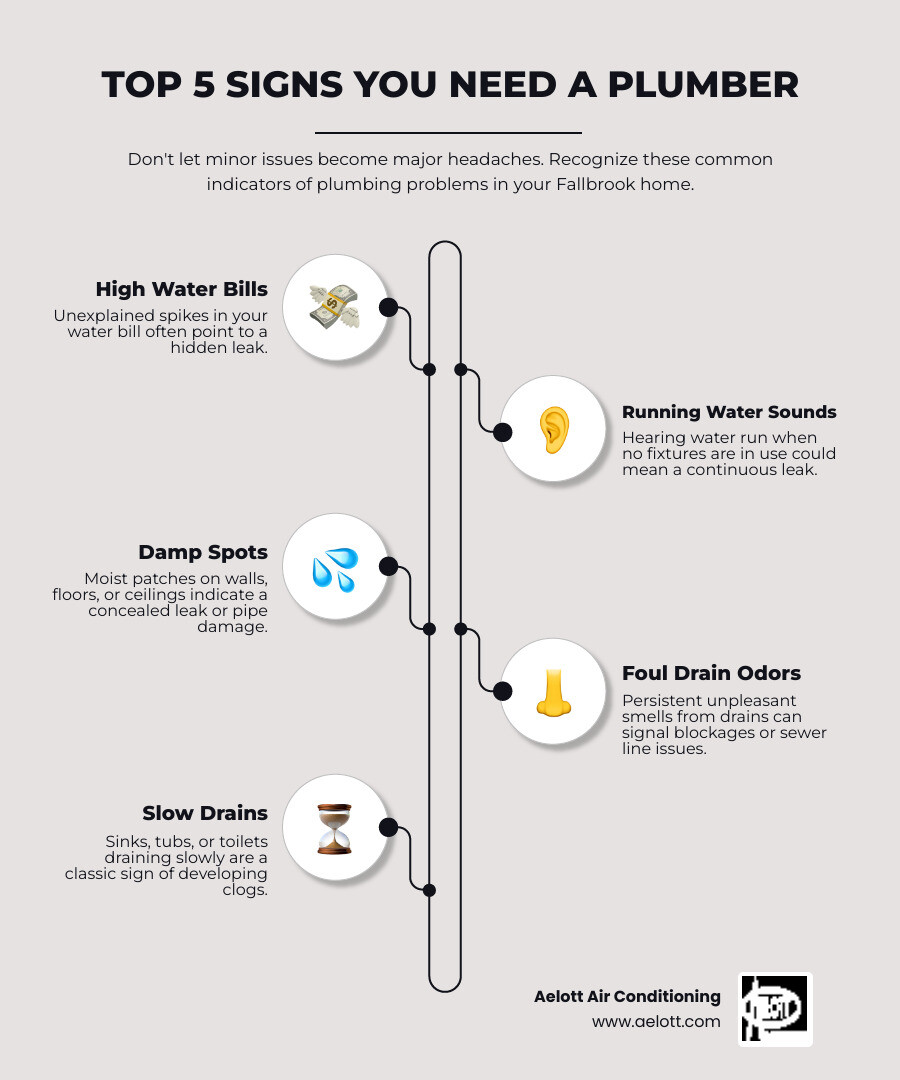 Infographic showing the top 5 signs you need to call a plumber in Fallbrook: unexplained high water bills, sounds of running water when fixtures are off, damp spots on walls or floors, foul odors from drains, and slow-draining sinks or toilets - residential plumber fallbrook ca infographic infographic-line-5-steps-elegant_beige