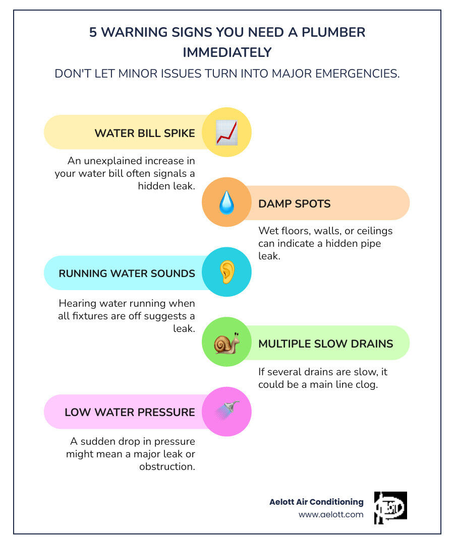 Infographic showing five warning signs you need a plumber immediately: unexplained water bill spike, damp floors or walls, sound of running water when fixtures are off, slow drains throughout the house, and low water pressure - residential plumber poway ca infographic infographic-line-5-steps-colors