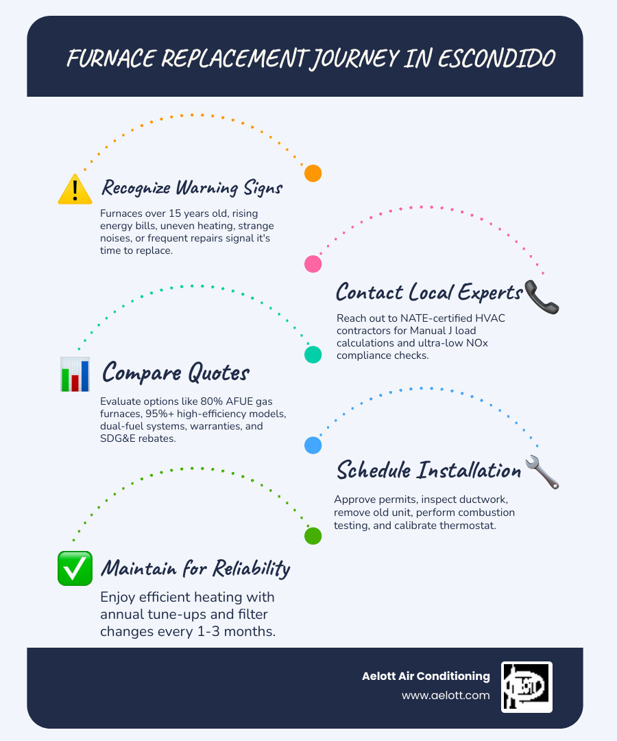 Infographic showing the furnace replacement journey in Escondido: Step 1 - Recognize warning signs like age over 15 years, rising bills, and strange noises. Step 2 - Contact NATE-certified local contractors for Manual J calculations and ultra-low NOx compliance. Step 3 - Compare quotes including system efficiency, warranties, and SDG&E rebates. Step 4 - Schedule installation with permit approval, ductwork inspection, and combustion testing. Step 5 - Enjoy reliable heating with annual tune-ups and filter changes every 1-3 months. - "I need to get quotes for a furnace replacement in Escondido, CA. Who should I contact?" infographic infographic-line-5-steps-blues-accent_colors