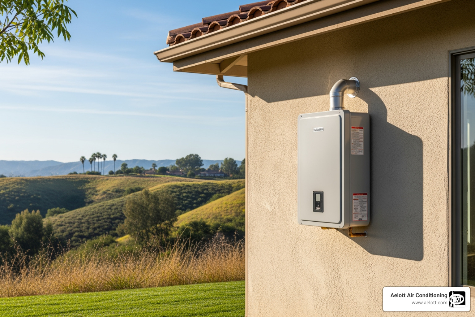modern, wall-mounted tankless water heater in a clean garage - tankless water heater bonsall ca