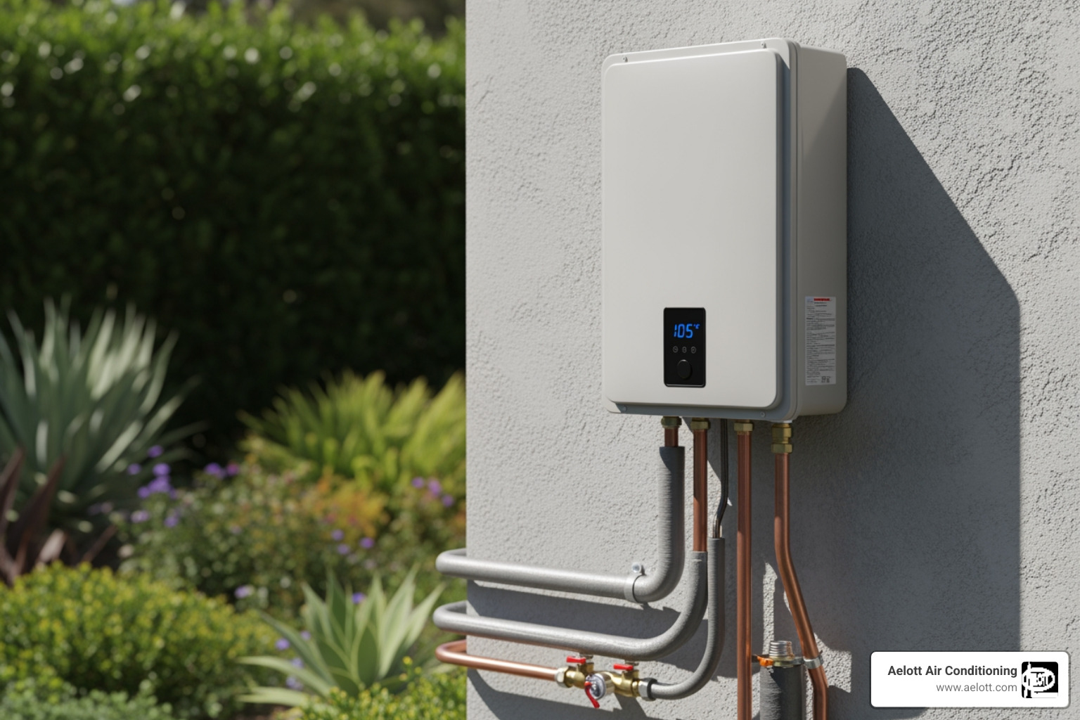 modern, compact tankless water heater installed on a wall - tankless water heater poway ca