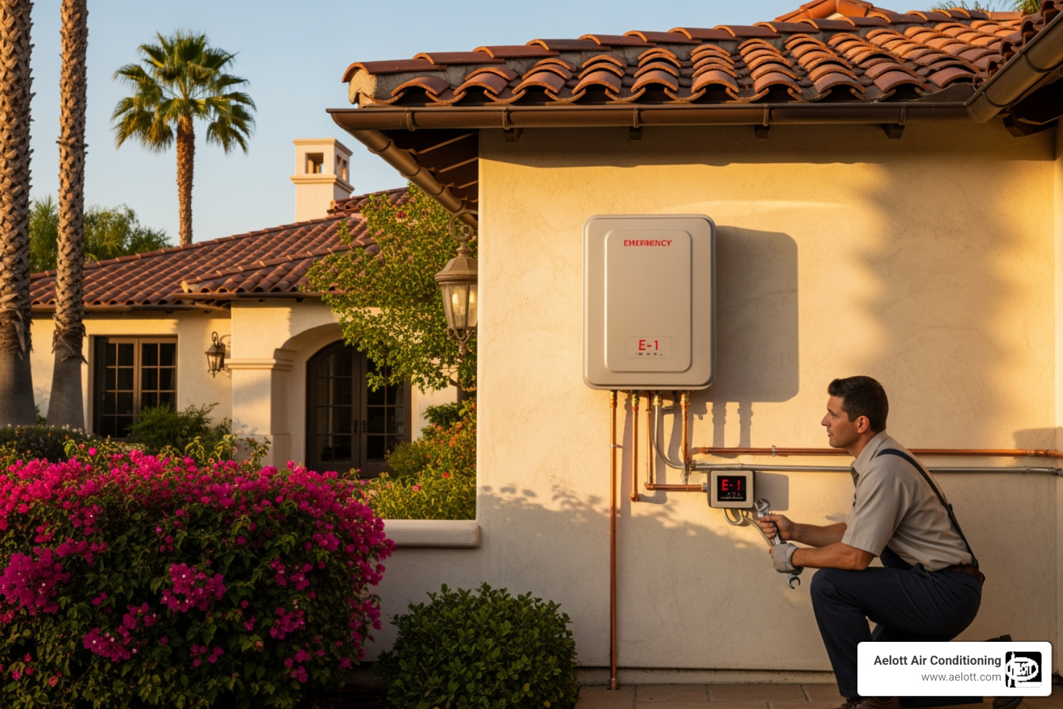 Infographic showing three columns: 1) No Hot Water - Check power supply, gas valve, and error codes; 2) Water Leaking - Shut off water supply and call professional immediately; 3) Gas Smell - Evacuate home, call 911, then call licensed plumber - emergency tankless water heater in rancho santa fe, ca