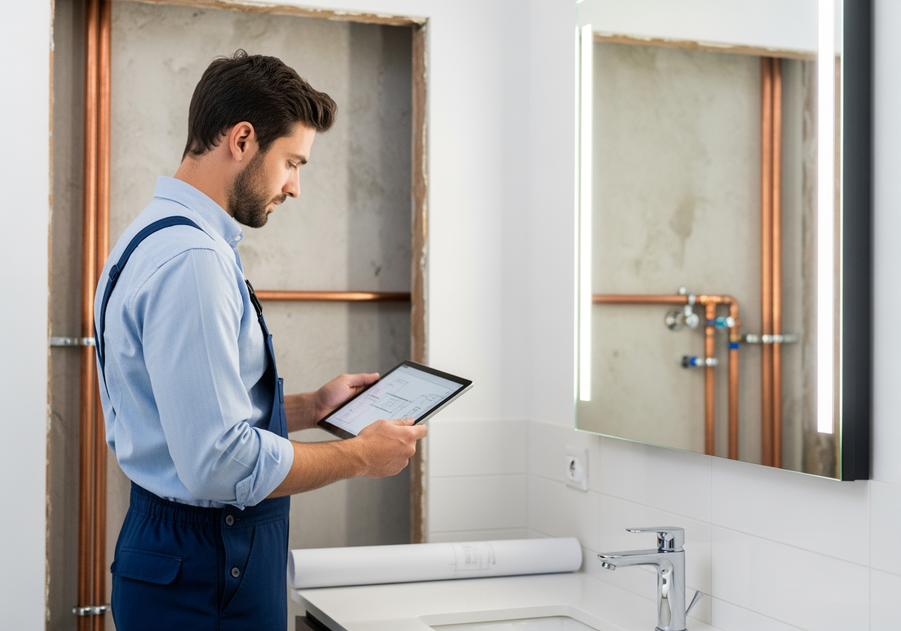 Infographic showing the 4-step plumbing renovation process in Kearny Mesa: Step 1 - Pre-Remodel Consultation (review layout, discuss goals and budget, assess existing plumbing), Step 2 - Planning and Design (create plumbing plan, select fixtures and materials, obtain permits), Step 3 - Rough-In Work (reroute pipes, install new water and drain lines, pressure testing before walls close), Step 4 - Final Fixtures and Inspection (install faucets, toilets, appliances, final testing, city inspection approval). Icons show a clipboard for consultation, blueprints for planning, exposed pipes for rough-in, and finished bathroom for final fixtures. - plumbing renovations kearny mesa ca