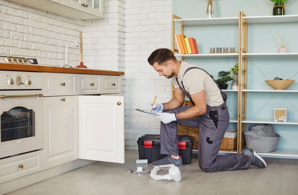 Experienced plumber in workwear crouching on kitchen floor and repairing sink pipes under cabinet. Male technician using tools to remove blockage and restore proper water flow during home visit